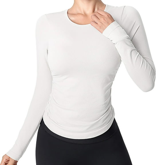 Womens Versatile Side Pleated Long Sleeve Yoga Sports Top with Chest Support for Fitness Wear Comfortable