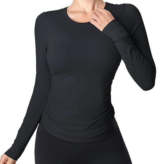 Womens Versatile Side Pleated Long Sleeve Yoga Sports Top with Chest Support for Fitness Wear Comfortable