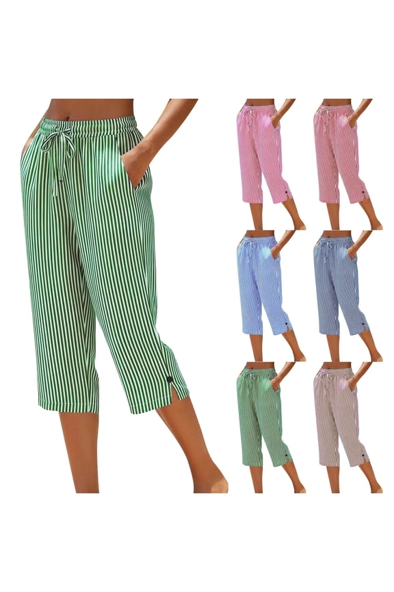 Womens Vertical Striped Capri Pants Drawstring Elastic High Waist Side Slit Hem Wide Leg Cropped Trousers Loose Fit Summer Beach Bottoms , XL, #01 Green