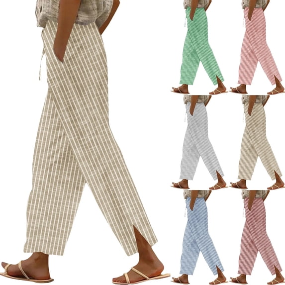 Womens Vertical Striped High Waisted Linen Pants Elastic Drawstring Straight Leg Side Split Full Length Trousers Summer Casual Vacation Trousers with Pockets , #01 Khaki, XL
