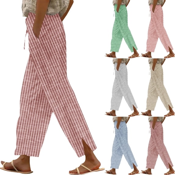 Womens Vertical Striped High Waisted Linen Pants Elastic Drawstring Straight Leg Side Split Full Length Trousers Summer Casual Vacation Trousers with Pockets , #01 Wine, S