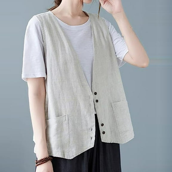 Womens Vest 2025 Summer Cotton Linen Vest Top Vintage Casual Sleeveless Button Down Jacket Loose Vests Outerwear, Limited Time Under 10 Dollars