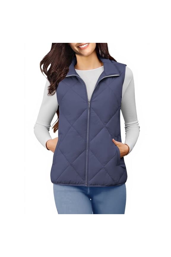 Womens Vest Argyle Outwear Sleeveless Parka Jacket Quilted Puffer Coat Lapel V Neck Outerwear Open Front Tops Zip Up Cardigan Casual Trendy Shacket Jackets Fall Coats