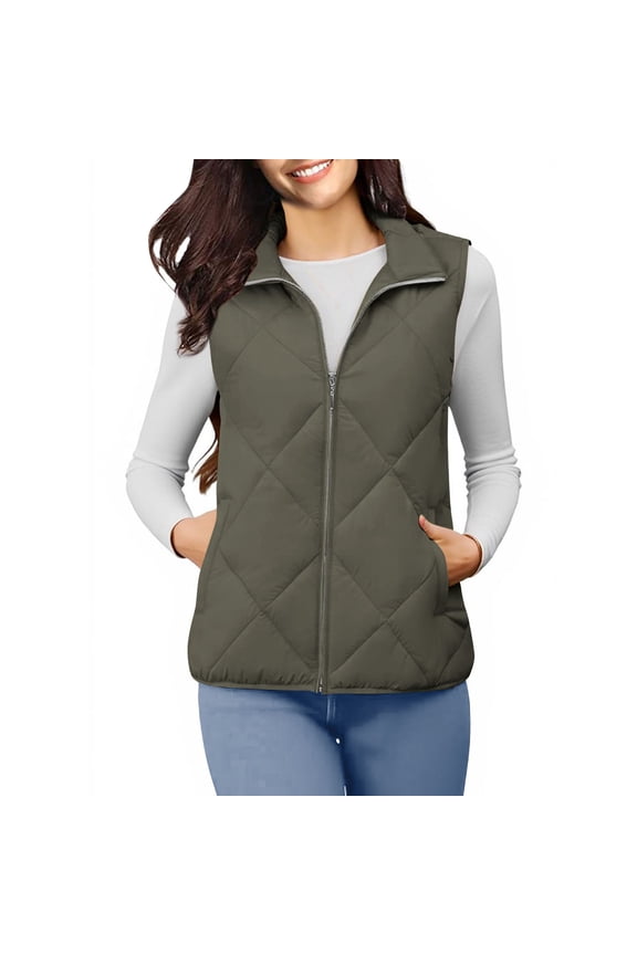 Womens Vest Argyle Outwear Sleeveless Parka Jacket Quilted Puffer Coat Lapel V Neck Outerwear Open Front Tops Zip Up Cardigan Casual Trendy Shacket Jackets Fall Coats