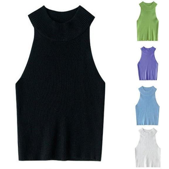 Womens Vest Halter Neck Short Off-Shoulder Clavicle Ribbed Knitted Camisole Black YIWEI