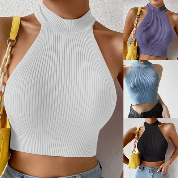 Womens Vest Halter Neck Short Off-Shoulder Clavicle Ribbed Knitted Camisole White YIWEI