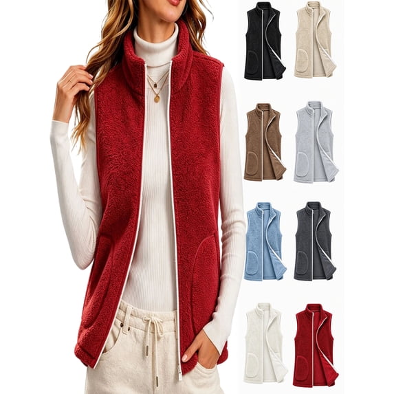Womens Vest Jacket Full Zip Solid Color Sleeveless Jacket Fall Winter Casual Regular Length Outerwear with Pockets