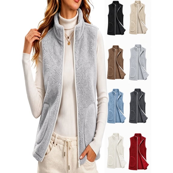 Womens Vest Jacket Full Zip Solid Color Sleeveless Jacket Fall Winter Casual Regular Length Outerwear with Pockets