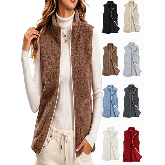 Womens Vest Jacket Full Zip Solid Color Sleeveless Jacket Fall Winter Casual Regular Length Outerwear with Pockets