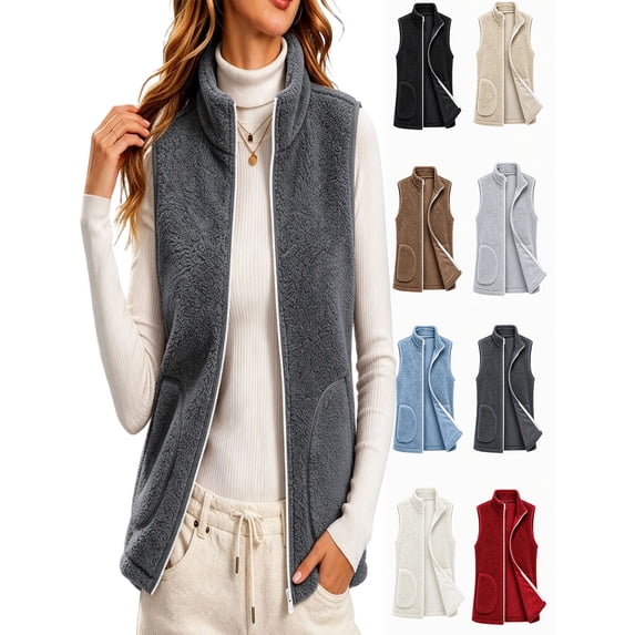 Womens Vest Jacket Full Zip Solid Color Sleeveless Jacket Fall Winter Casual Regular Length Outerwear with Pockets
