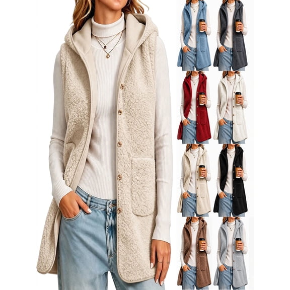 Womens Vest Jacket Solid Color Mid Length Sleeveless Hooded Coat Fall Winter Casual Regular Outerwear