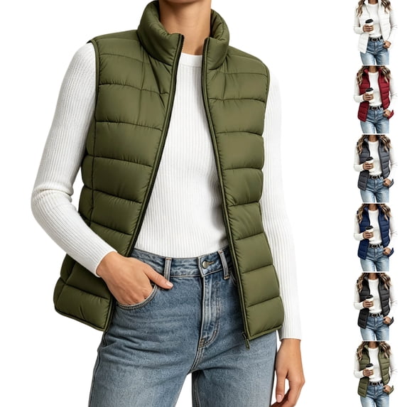 Womens Vest Jacket, Solid Sleeveless Zip Up Puffer Top with Pockets, Lightweight Casual Travel Layering Wear | VerBelle,Army Green L