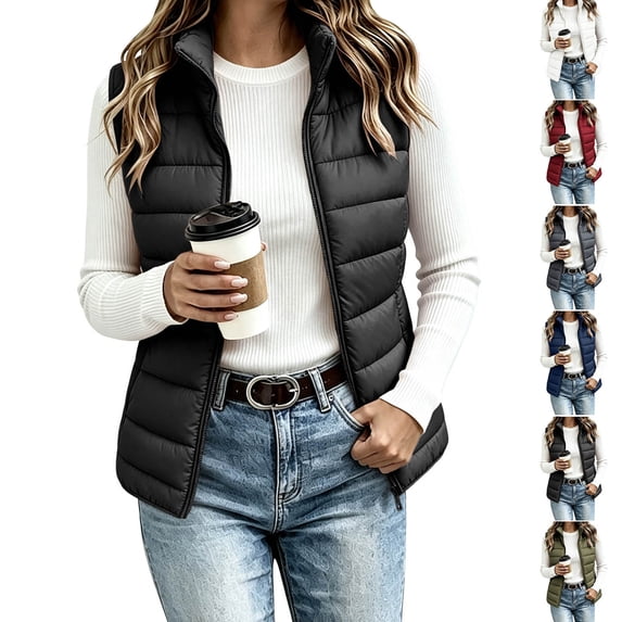 Womens Vest Jacket, Solid Sleeveless Zip Up Puffer Top with Pockets, Lightweight Casual Travel Layering Wear | VerBelle,Black S
