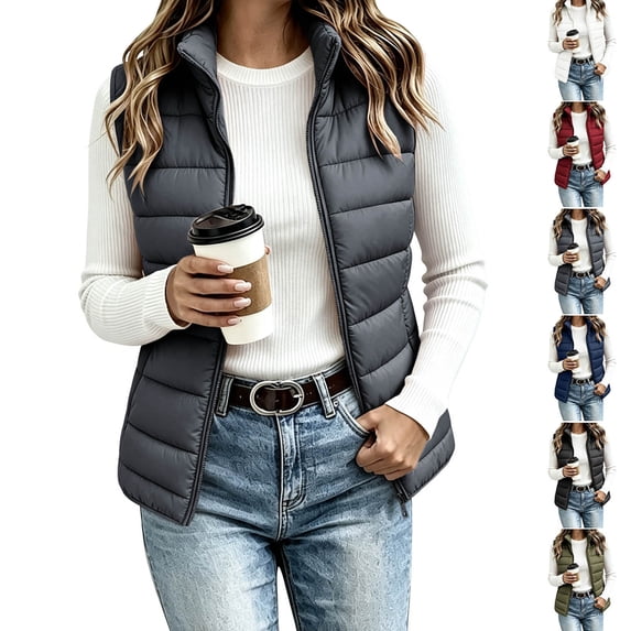 Womens Vest Jacket, Solid Sleeveless Zip Up Puffer Top with Pockets, Lightweight Casual Travel Layering Wear | VerBelle,Dark Gray S