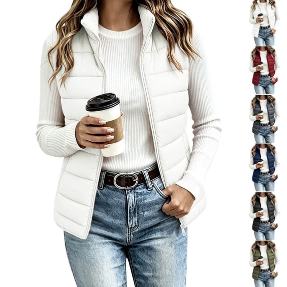 Womens Vest Jacket, Solid Sleeveless Zip Up Puffer Top with Pockets, Lightweight Casual Travel Layering Wear | VerBelle,White S