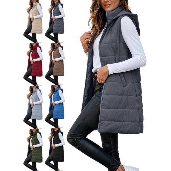 Womens Vest Long Puffer Vest Full Zipper Hooded Jackets Fall Winter Warm Casual Sleeveless Quilted Coat Outerwear with Pockets
