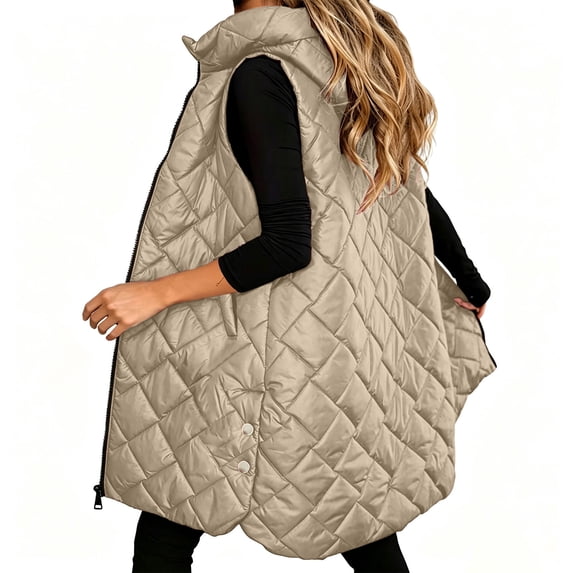 Womens Vest Long Puffer Vest Full Zipper Sleeveless Jackets Winter Hoodies Longline Quilted Vest Diamond Padded Sleeveless Jacket with Pockets for Fall Winter Outdoor Casual Daily Wear