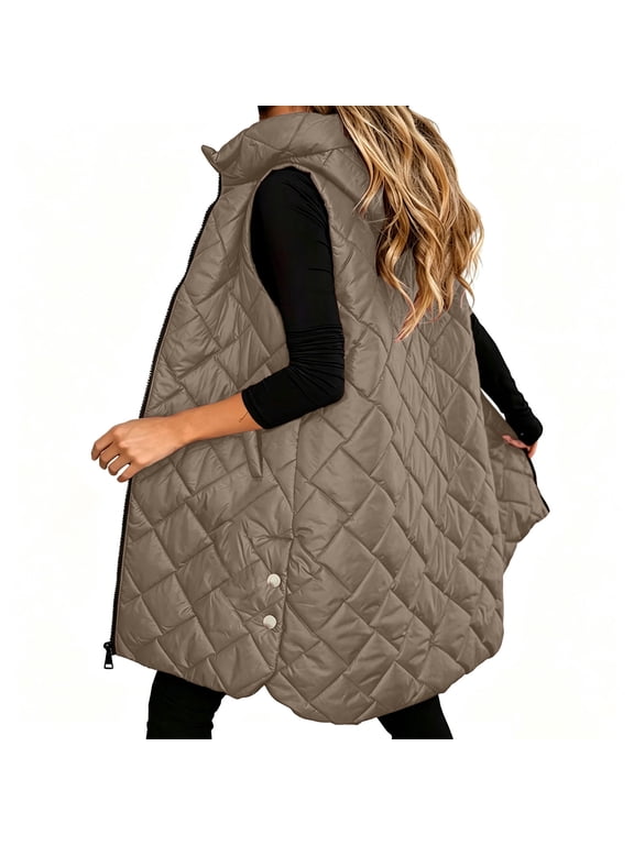Womens Vest Long Puffer Vest Full Zipper Sleeveless Jackets Winter Hoodies Longline Quilted Vest Diamond Padded Sleeveless Jacket with Pockets for Fall Winter Outdoor Casual Daily Wear