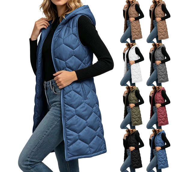Womens Vest Long Quilted Puffer Vest Full Zipper Hooded Jackets Winter Warm Casual Sleeveless Quilted Coat Outerwear with Pockets for Fall Winter Outdoor Casual Daily Wear