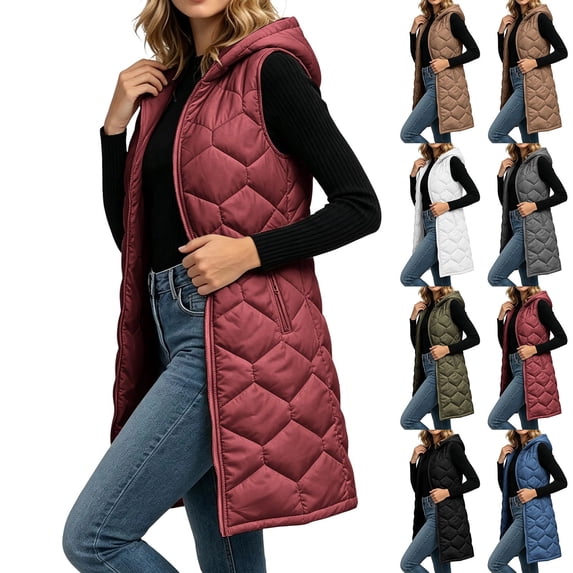 Womens Vest Long Quilted Puffer Vest Full Zipper Hooded Jackets Winter Warm Casual Sleeveless Quilted Coat Outerwear with Pockets for Fall Winter Outdoor Casual Daily Wear
