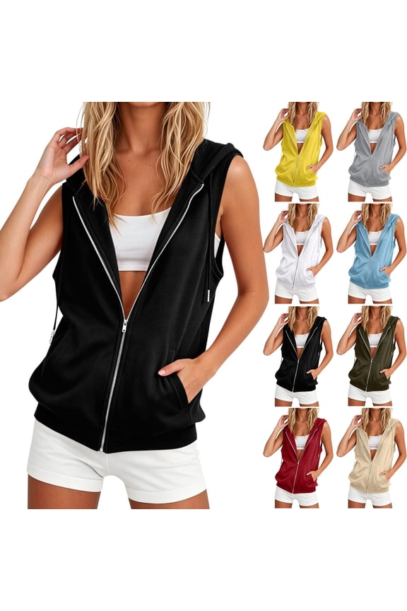 Womens Vest Outerwear Sleeveless Zip Up Hoodie Solid Color Jacket with Pockets
