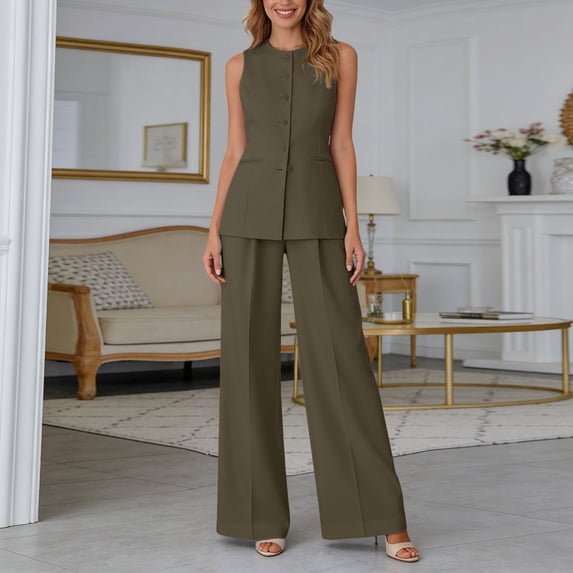 Womens Vest Pants Suits 2 Piece Set Business Dressy Casual Outfits Sleeveless Button Blazer Wide Leg Pants Pantsuit Sets