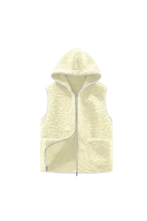 Womens Vest Sevevn Womens Short Vest Winter Sleeveless Fleece Button Solid Hooded Coat Outerwear