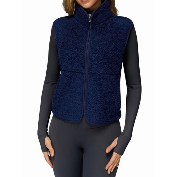Womens Vest Sleeveless Winter Fuzzy Fleece Jacket High Neck Zip Up Gilet with Pocket Blue M