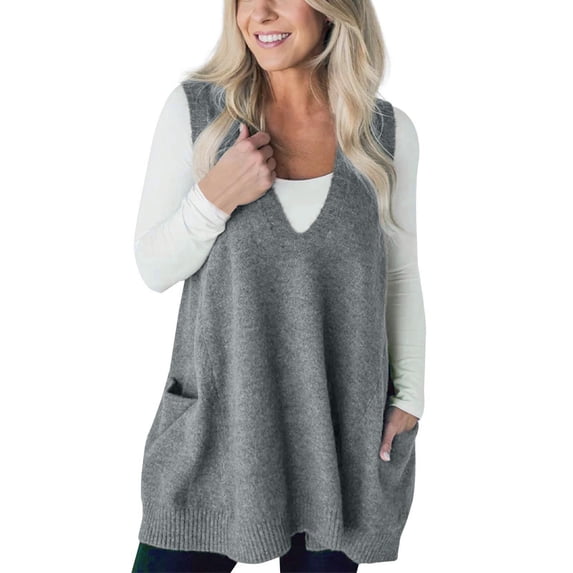 Womens Vest Top Pocket Sweater Vest Sleeveless V Neck Loose Knit Casual Flattering Tunic Top With Side Patch Pockets Soft And Comfortable Blended Fabric Vests For Women 2025 Trendy