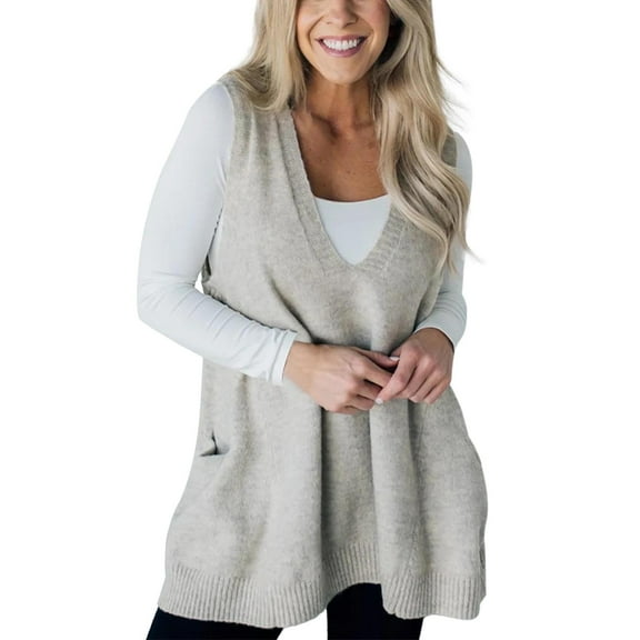 Womens Vest Top Pocket Sweater Vest Sleeveless V Neck Loose Knit Casual Flattering Tunic Top With Side Patch Pockets Soft And Comfortable Blended Fabric Vests For Women 2025 Trendy