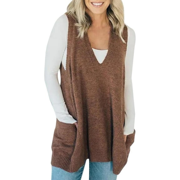 Womens Vest Top Pocket Sweater Vest Sleeveless V Neck Loose Knit Casual Flattering Tunic Top With Side Patch Pockets Soft And Comfortable Blended Fabric Vests For Women 2025 Trendy
