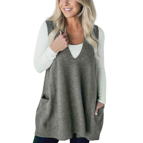 Womens Vest Top Pocket Sweater Vest Sleeveless V Neck Loose Knit Casual Flattering Tunic Top With Side Patch Pockets Soft And Comfortable Blended Fabric Vests For Women 2025 Trendy