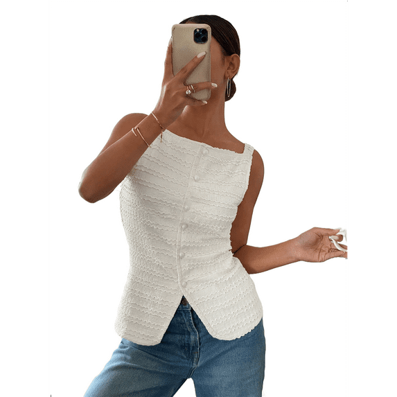 Womens Vest Top Trendy Button Up Tank Tops Asymmetrical Y2k Going Out Top White M