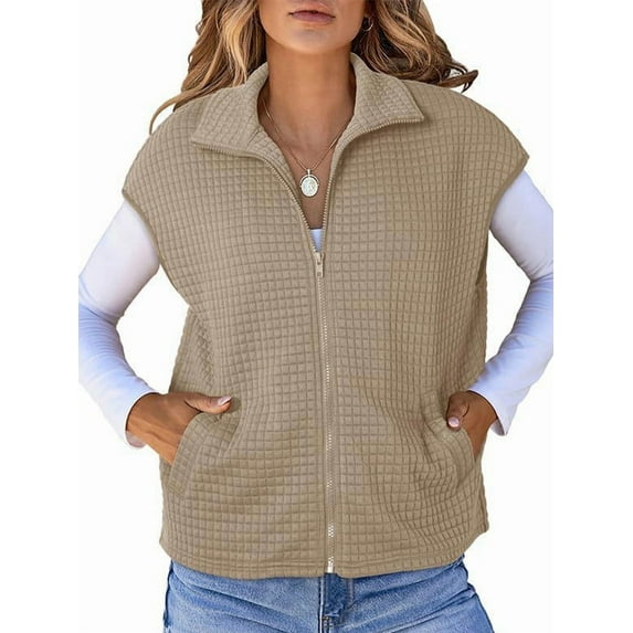 Womens Vest Tops Zipper Up Cap Sleeve Side Pockets Waffle Knit Sleeveless Oversized Vests Khaki XL