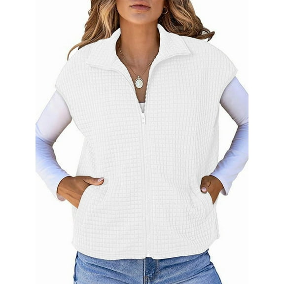 Womens Vest Tops Zipper Up Cap Sleeve Side Pockets Waffle Knit Sleeveless Oversized Vests White M
