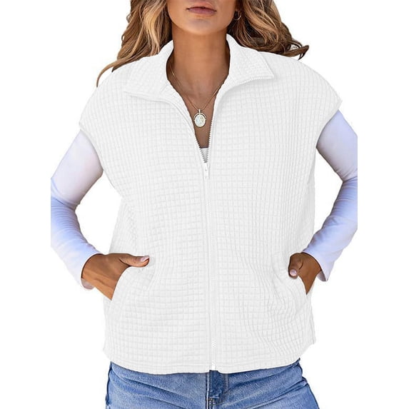 Womens Vest Tops Zipper Up Cap Sleeve Side Pockets Waffle Knit Sleeveless Oversized Vests White S