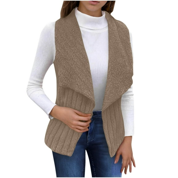 Womens Vests Fashion Casual Sleeveless Lapel Open Front Fleece Cardigan Fall Fashion Solid Color Fuzzy Jacket Sweater (Coffee S)