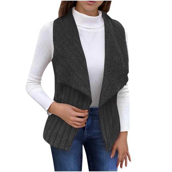 Womens Vests Fashion Casual Sleeveless Lapel Open Front Fleece Cardigan Fall Fashion Solid Color Fuzzy Jacket Sweater (Dark Gray L)