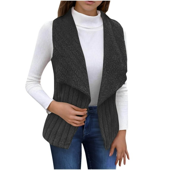 Womens Vests Fashion Casual Sleeveless Lapel Open Front Fleece Cardigan Fall Fashion Solid Color Fuzzy Jacket Sweater (Dark Gray XL)