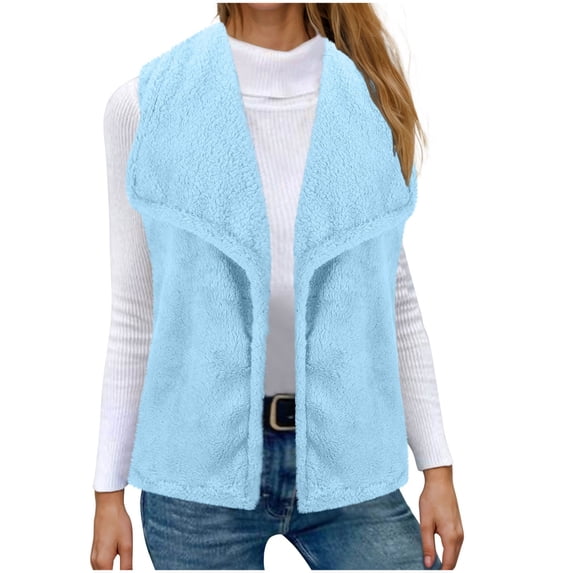 Womens Vests Fashion Casual Sleeveless Lapel Open Front Fleece Cardigan Fall Fashion Solid Color Fuzzy Jacket Sweater (Light Blue L)
