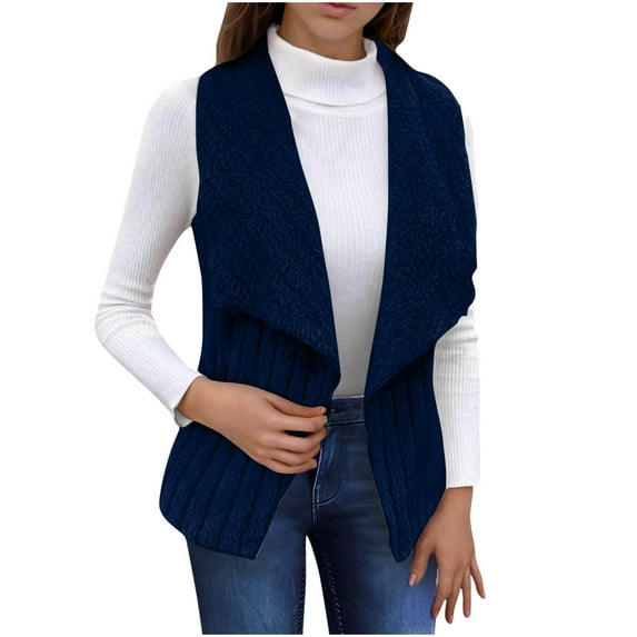 Womens Vests Fashion Casual Sleeveless Lapel Open Front Fleece Cardigan Fall Fashion Solid Color Fuzzy Jacket Sweater (Navy XL)