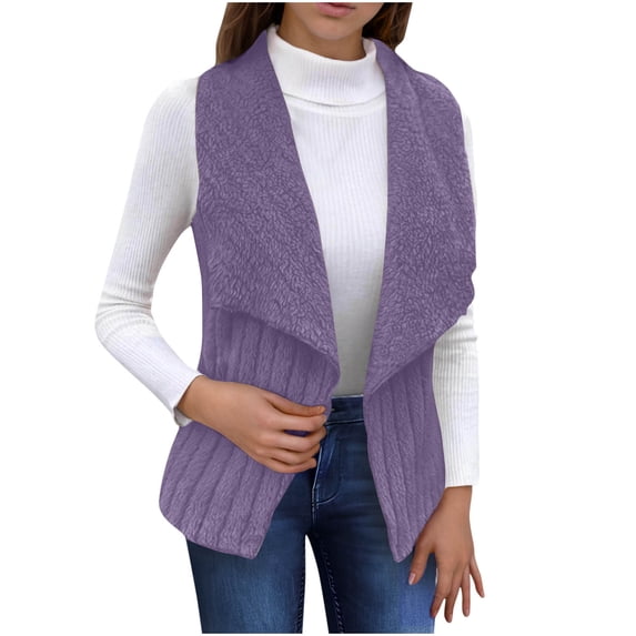 Womens Vests Fashion Casual Sleeveless Lapel Open Front Fleece Cardigan Fall Fashion Solid Color Fuzzy Jacket Sweater (Purple XL)