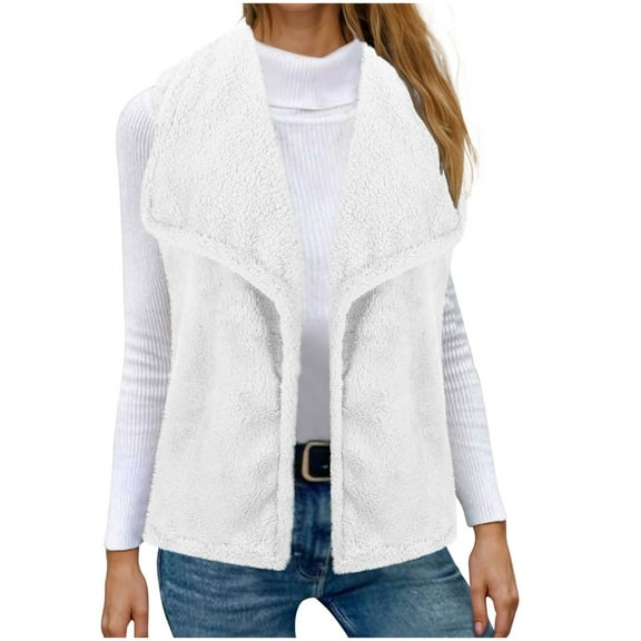 Womens Vests Fashion Casual Sleeveless Lapel Open Front Fleece Cardigan Fall Fashion Solid Color Fuzzy Jacket Sweater (White L)