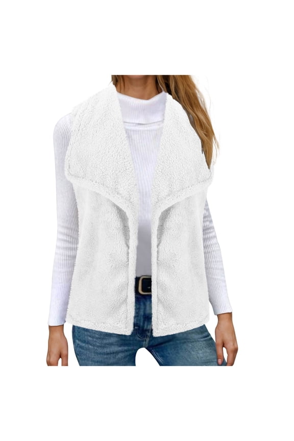Womens Vests Fashion Casual Sleeveless Lapel Open Front Fleece Cardigan Fall Fashion Solid Color Fuzzy Jacket Sweater (White XL)