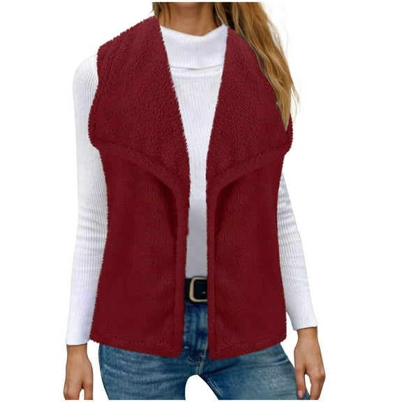 Womens Vests Fashion Casual Sleeveless Lapel Open Front Fleece Cardigan Fall Fashion Solid Color Fuzzy Jacket Sweater (Wine 2XL)