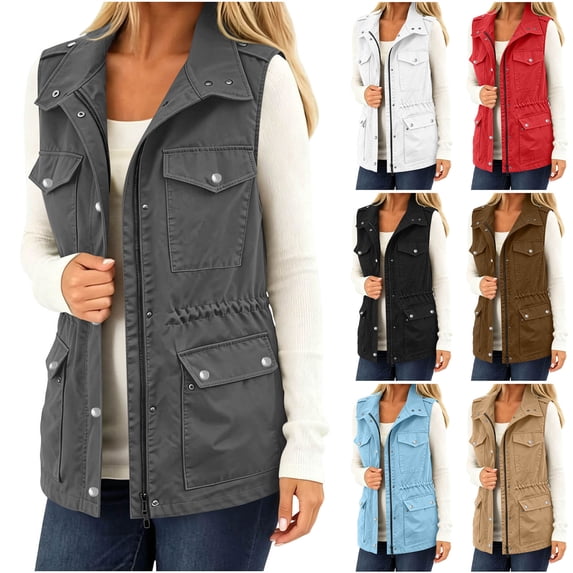 Womens Vests Outerwear Solid Color Winter Fashion Drawstring With Multi-Functional Pockets Sleeveless Workwear Jacket