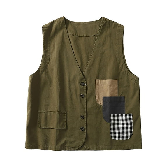 Womens Vests Plus Size Denim Linen Waistcoat Trend Casual Denim Sleeveless Cardigan(Army Green XL)