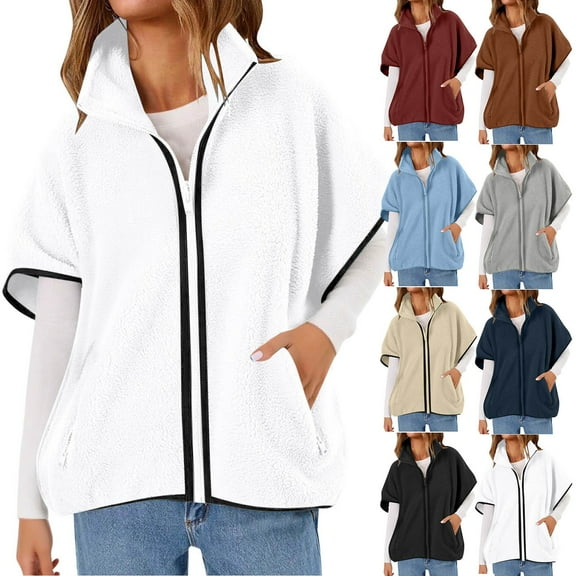 Womens Vests Plus Size Solid Color Exquisite Short Sleeved Stand Up Collar Full Zipper Splicing Leather Zipper Pocket (White M)