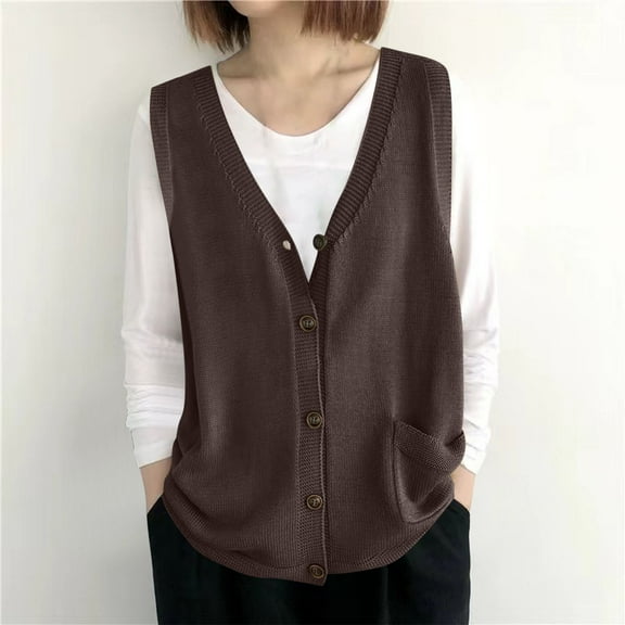 Womens Vests Tops Knit Sleeveless Sweaters V Neck Button Casual Open Front Cardigan with Pocket Trendy Fall Outfits New Women Vests Fashion Casual Lightweight Brown One Size
