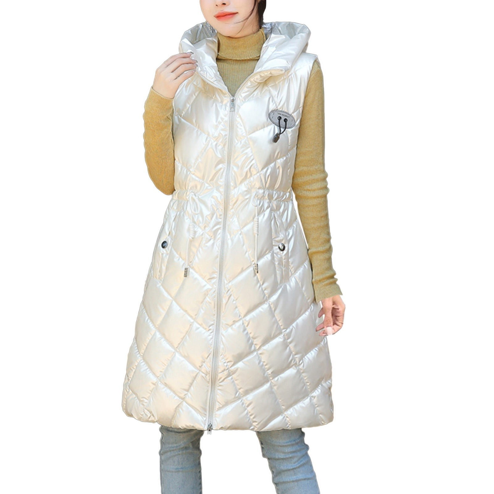 Womens Vests Waist Drawstring Casual Solid Jacket Hooded Vest Zipper